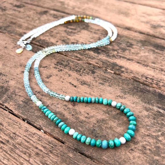 Natural Chrysocolla, Aquamarine, Moonstone Wrap Bracelet Necklace 14k White Gold - Picture 8 of 11